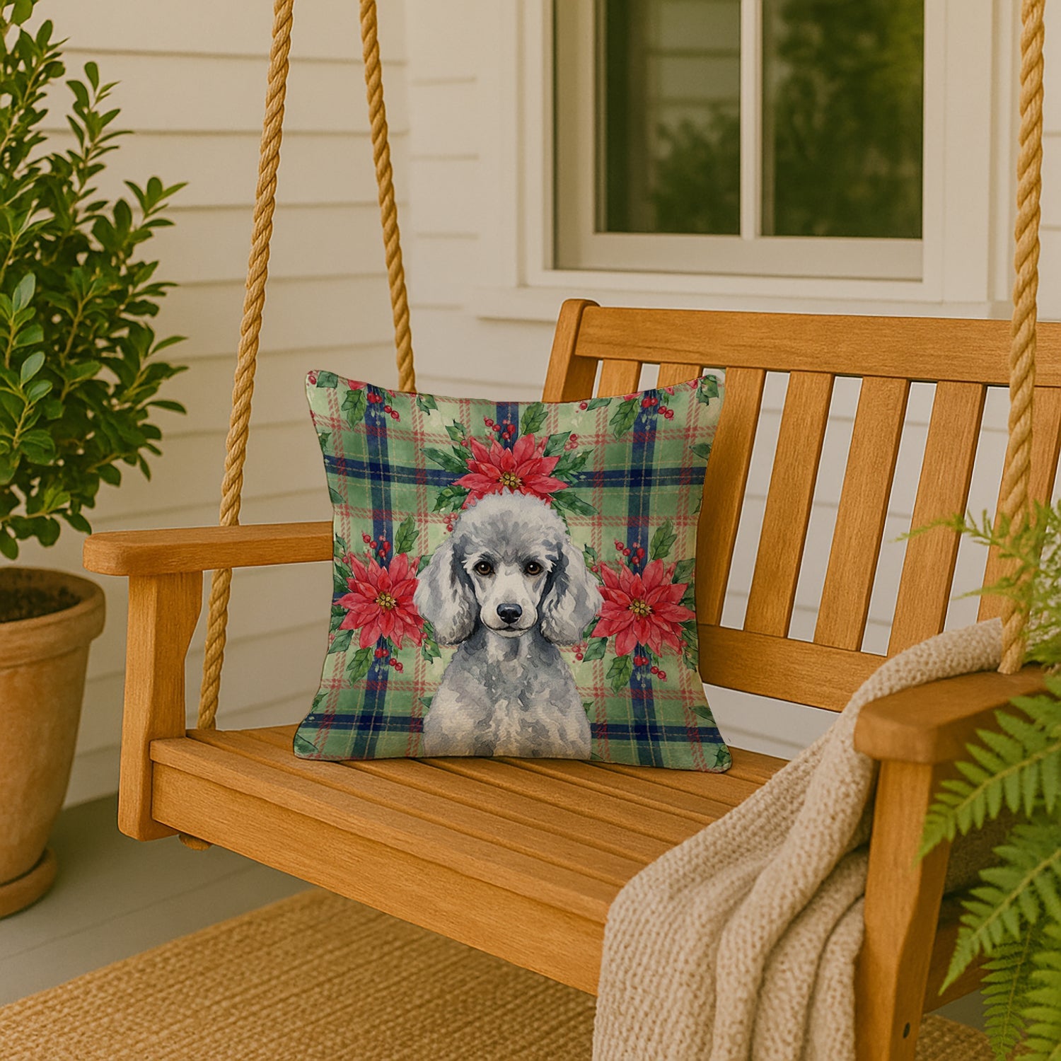 Standard Silver Poodle Christmas PoinsettIas Decorative Throw Pillow 18x18 Indoor Outdoor Accent Cushion, Fabric Cover with Insert for Sofa, Bed, Porch & Living Room