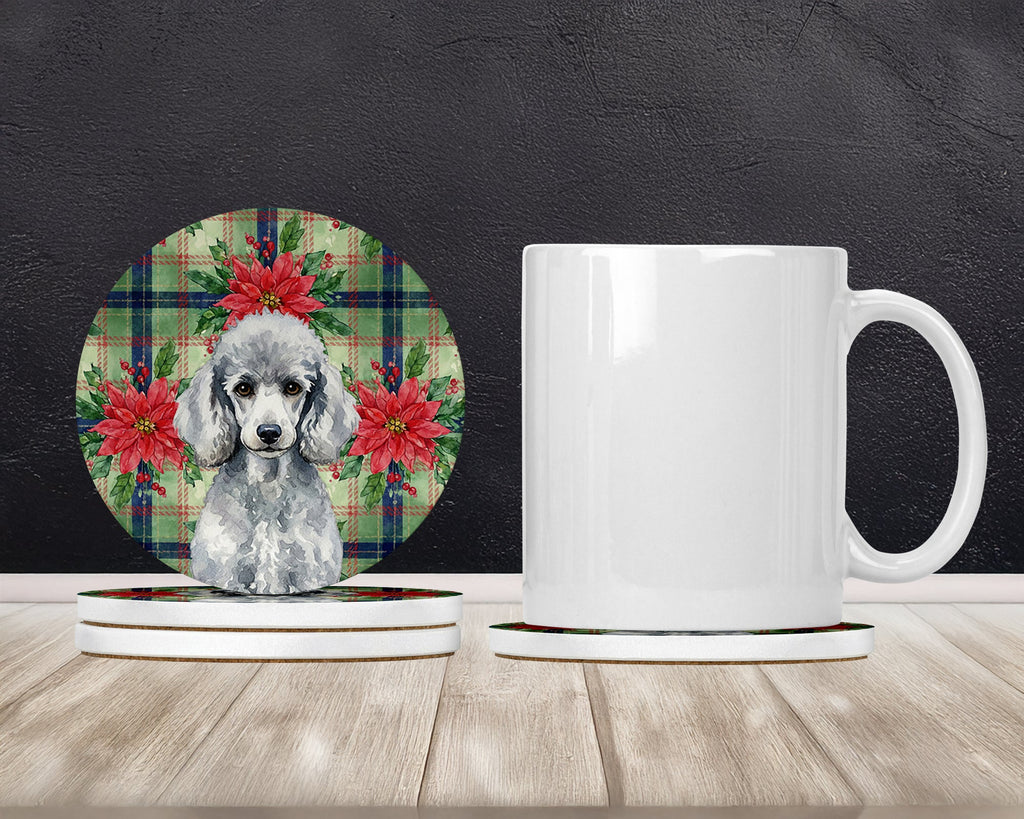 Standard Silver Poodle Christmas PoinsettIas Large Sandstone Coasters Pack of 4 Absorbent Round Coasters Decor Gifts for Men or Women, 4 in, Multicolor