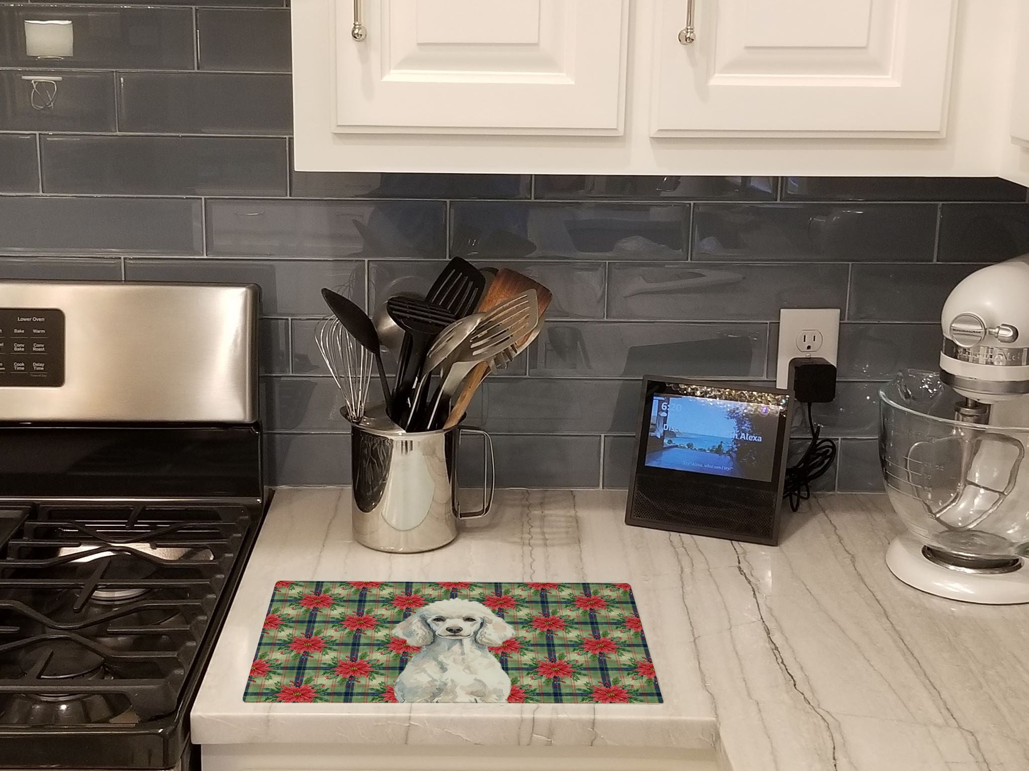 Standard White Poodle Christmas PoinsettIas Cutting Board Tempered Glass Kitchen Cutting Surface, Heat Resistant Chopping, Non-Slip Feet, Food Prep & Serving