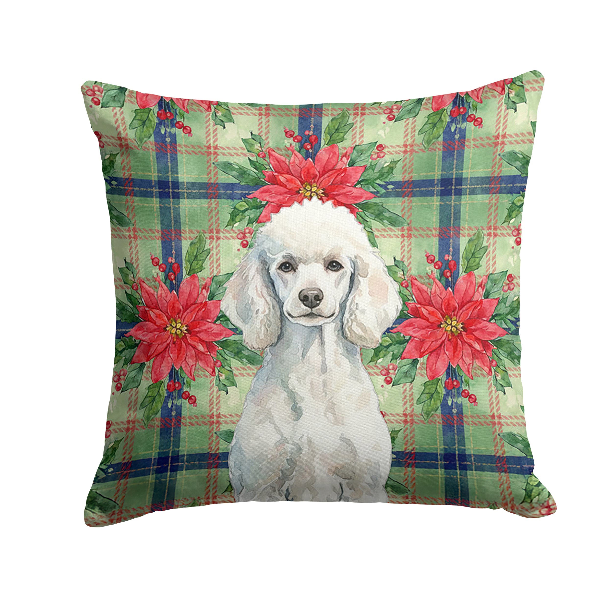 Standard White Poodle Christmas PoinsettIas Decorative Throw Pillow 14x14 Indoor Outdoor Accent Cushion, Fabric Cover with Insert for Sofa, Bed, Porch & Living Room