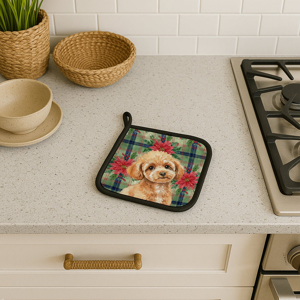 Toy Apricot Poodle Christmas PoinsettIas Pot Holder Set of 2 Heat Resistant Quilted Hot Pads 7.5 x 7.5 Inch, Insulated Kitchen Trivets for Cooking & Baking