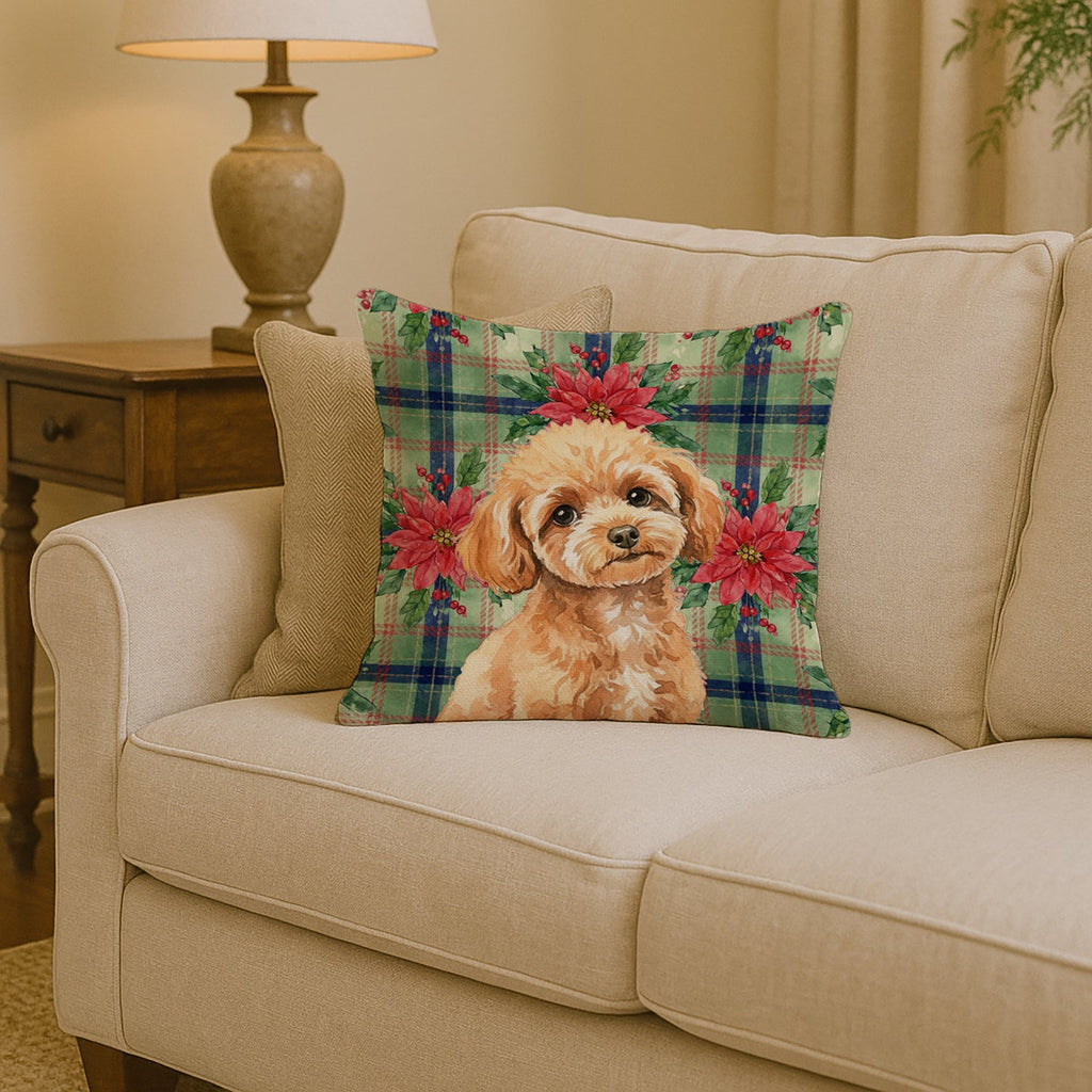 Toy Apricot Poodle Christmas PoinsettIas Decorative Throw Pillow 14x14 Indoor Outdoor Accent Cushion, Fabric Cover with Insert for Sofa, Bed, Porch & Living Room