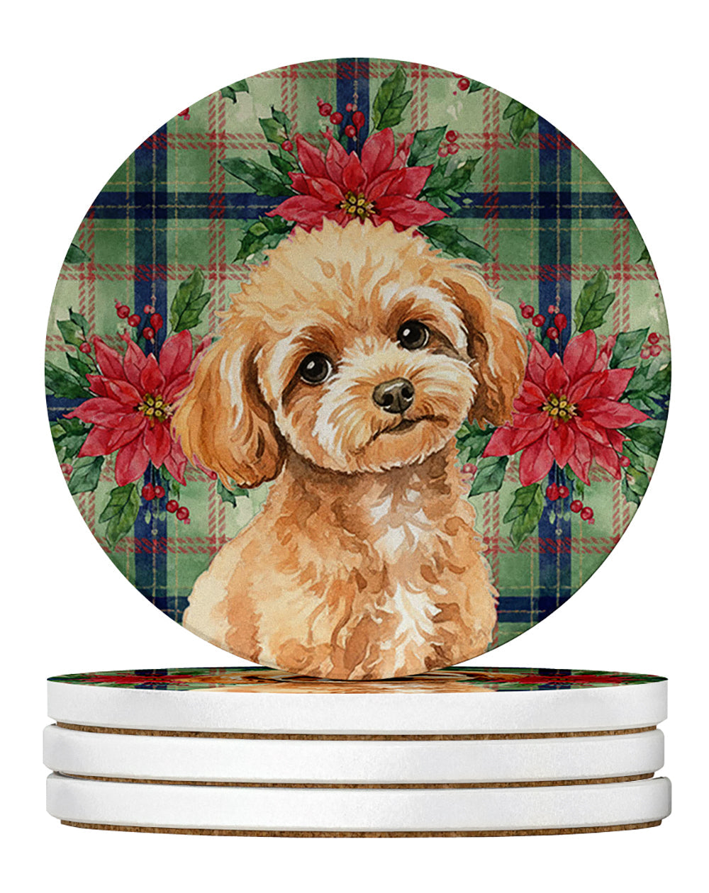 Toy Apricot Poodle Christmas PoinsettIas Large Sandstone Coasters Pack of 4 Absorbent Round Coasters Decor Gifts for Men or Women, 4 in, Multicolor