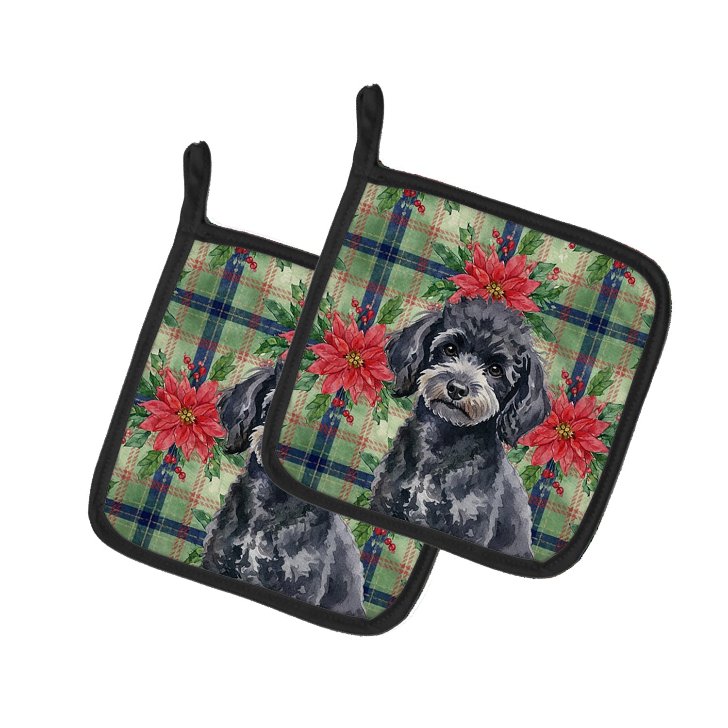 Toy Black Poodle Christmas PoinsettIas Pot Holder Set of 2 Heat Resistant Quilted Hot Pads 7.5 x 7.5 Inch, Insulated Kitchen Trivets for Cooking & Baking