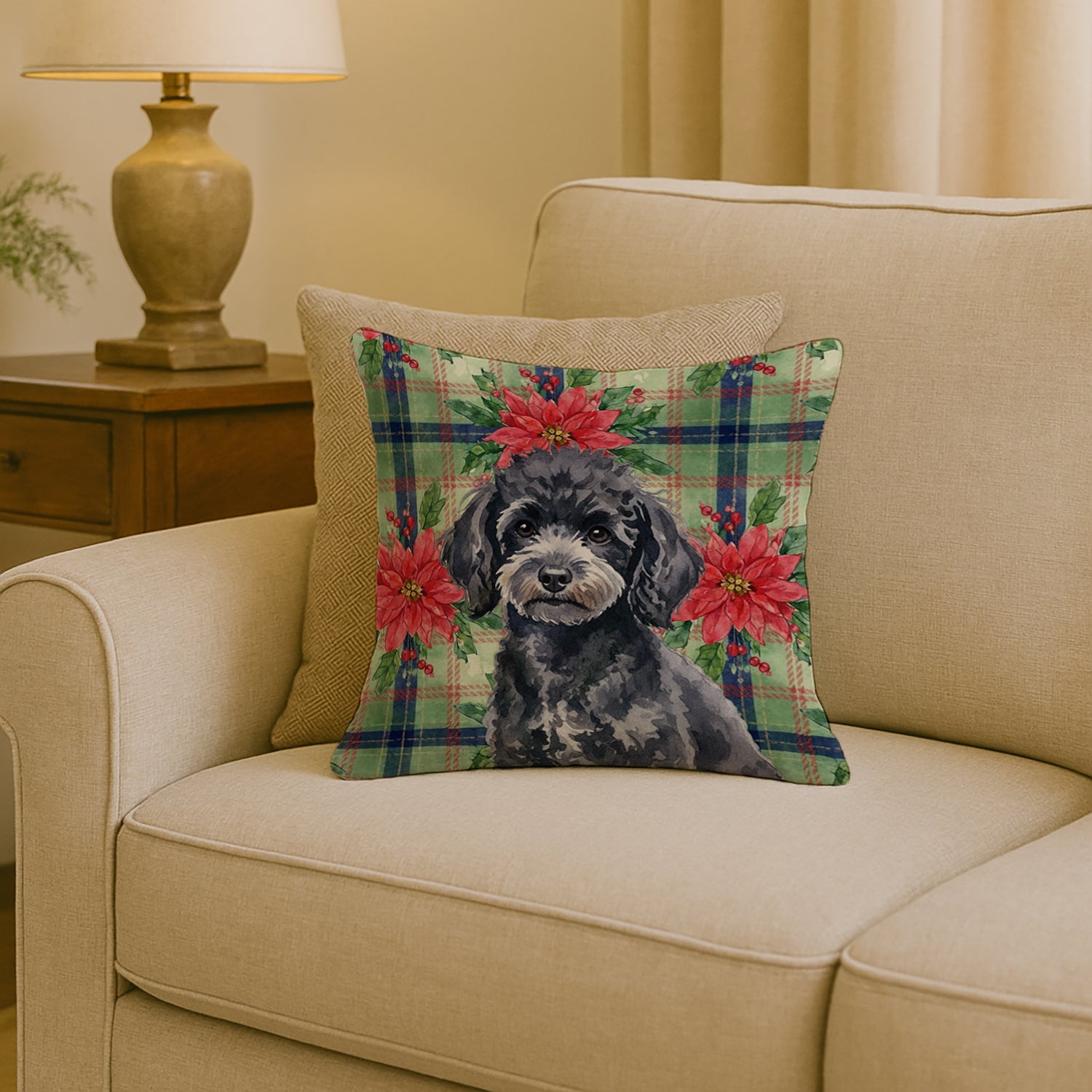 Toy Black Poodle Christmas PoinsettIas Decorative Throw Pillow 18x18 Indoor Outdoor Accent Cushion, Fabric Cover with Insert for Sofa, Bed, Porch & Living Room