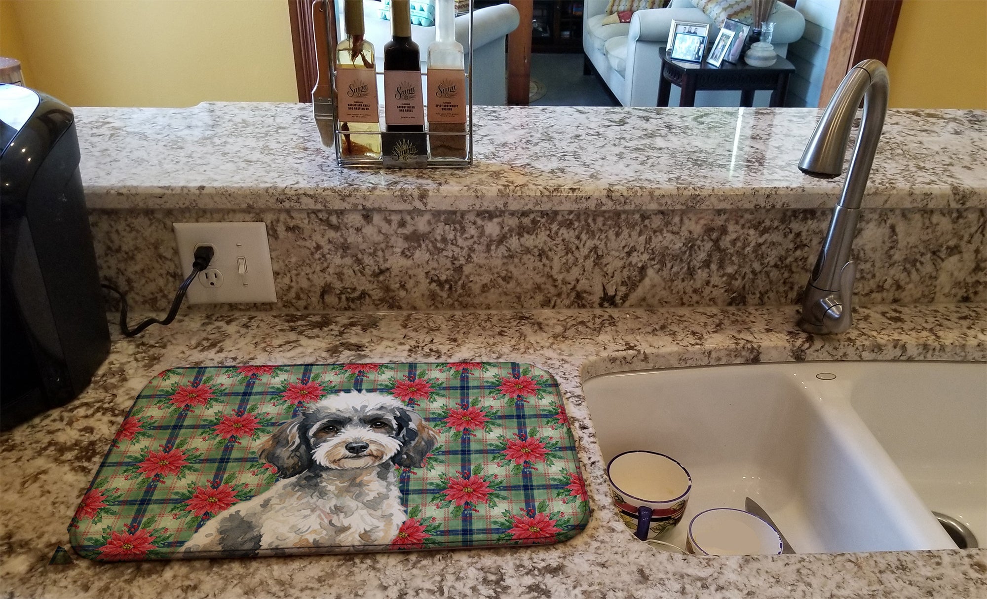Toy Parti Poodle Christmas PoinsettIas Dish Drying Mat Absorbent Dish Drying Mat Pad for Kitchen Counter Dish Drainer Mat for Countertop, 14 x 21", Multicolor