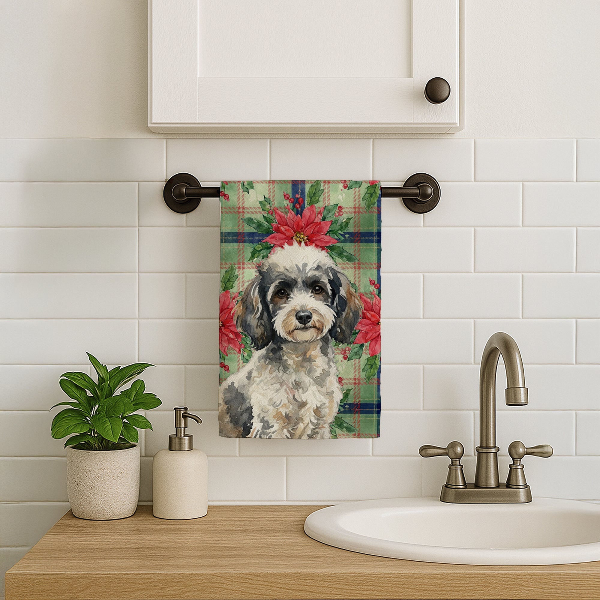 Toy Parti Poodle Christmas PoinsettIas Kitchen Towel Velour Plush Front and Cotton Loop Back Machine Washable