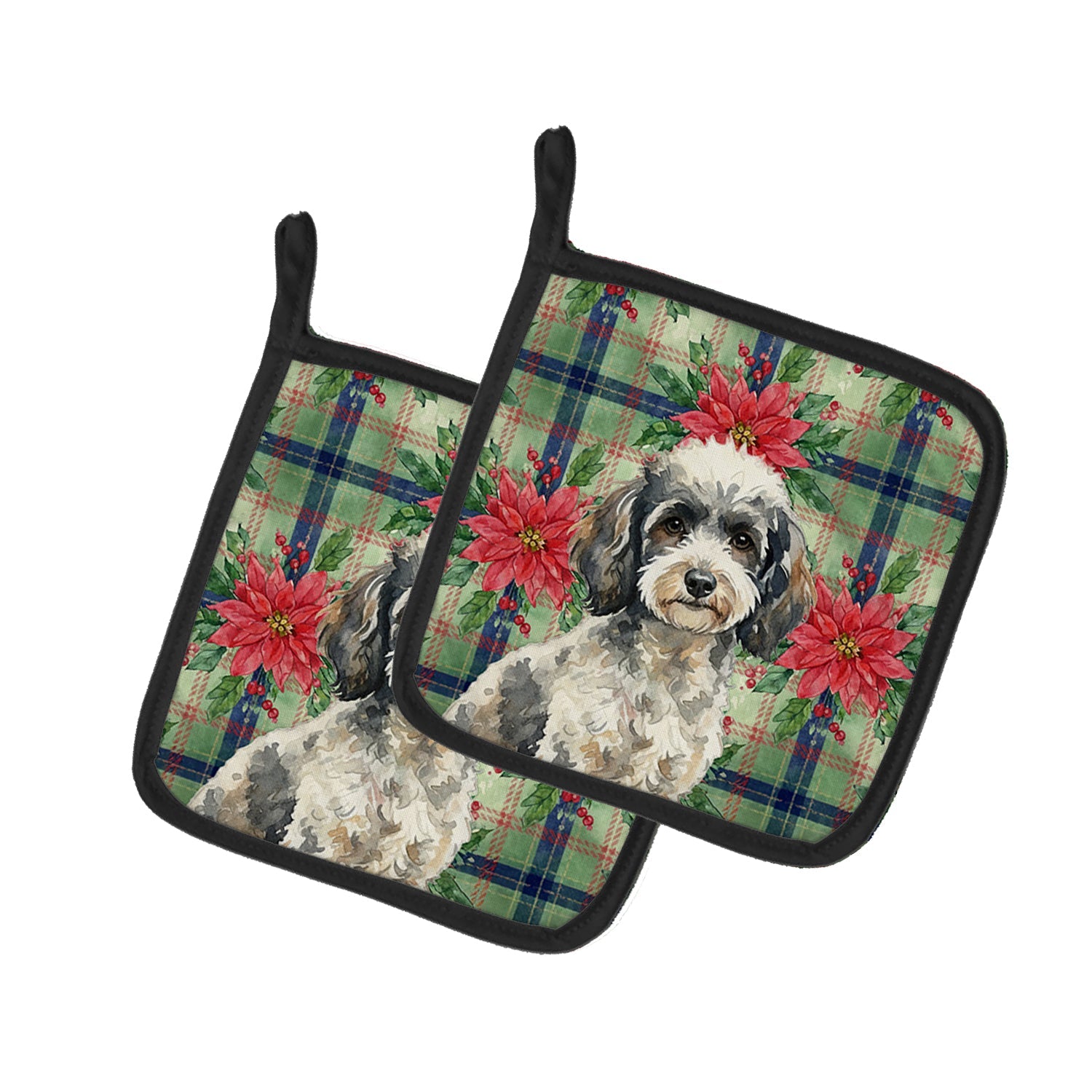 Toy Parti Poodle Christmas PoinsettIas Pot Holder Set of 2 Heat Resistant Quilted Hot Pads 7.5 x 7.5 Inch, Insulated Kitchen Trivets for Cooking & Baking