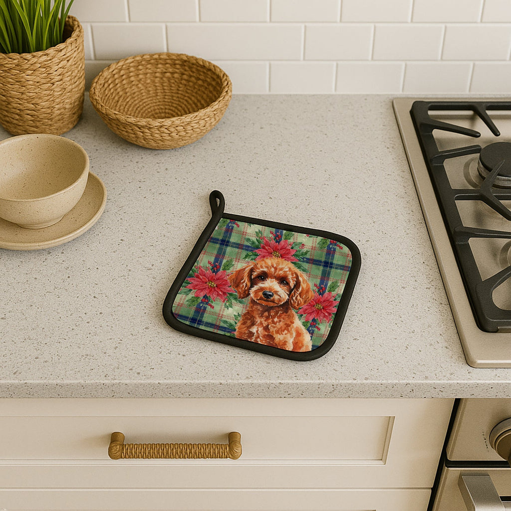 Toy Red Poodle Christmas PoinsettIas Pot Holder Set of 2 Heat Resistant Quilted Hot Pads 7.5 x 7.5 Inch, Insulated Kitchen Trivets for Cooking & Baking