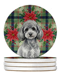 Toy Silver Poodle Christmas PoinsettIas Large Sandstone Coasters Pack of 4 Absorbent Round Coasters Decor Gifts for Men or Women, 4 in, Multicolor