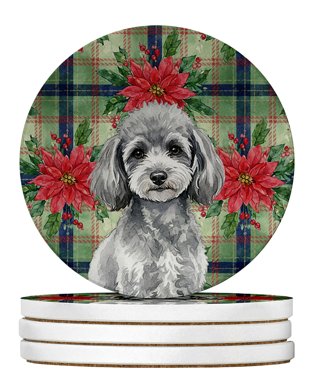 Toy Silver Poodle Christmas PoinsettIas Large Sandstone Coasters Pack of 4 Absorbent Round Coasters Decor Gifts for Men or Women, 4 in, Multicolor