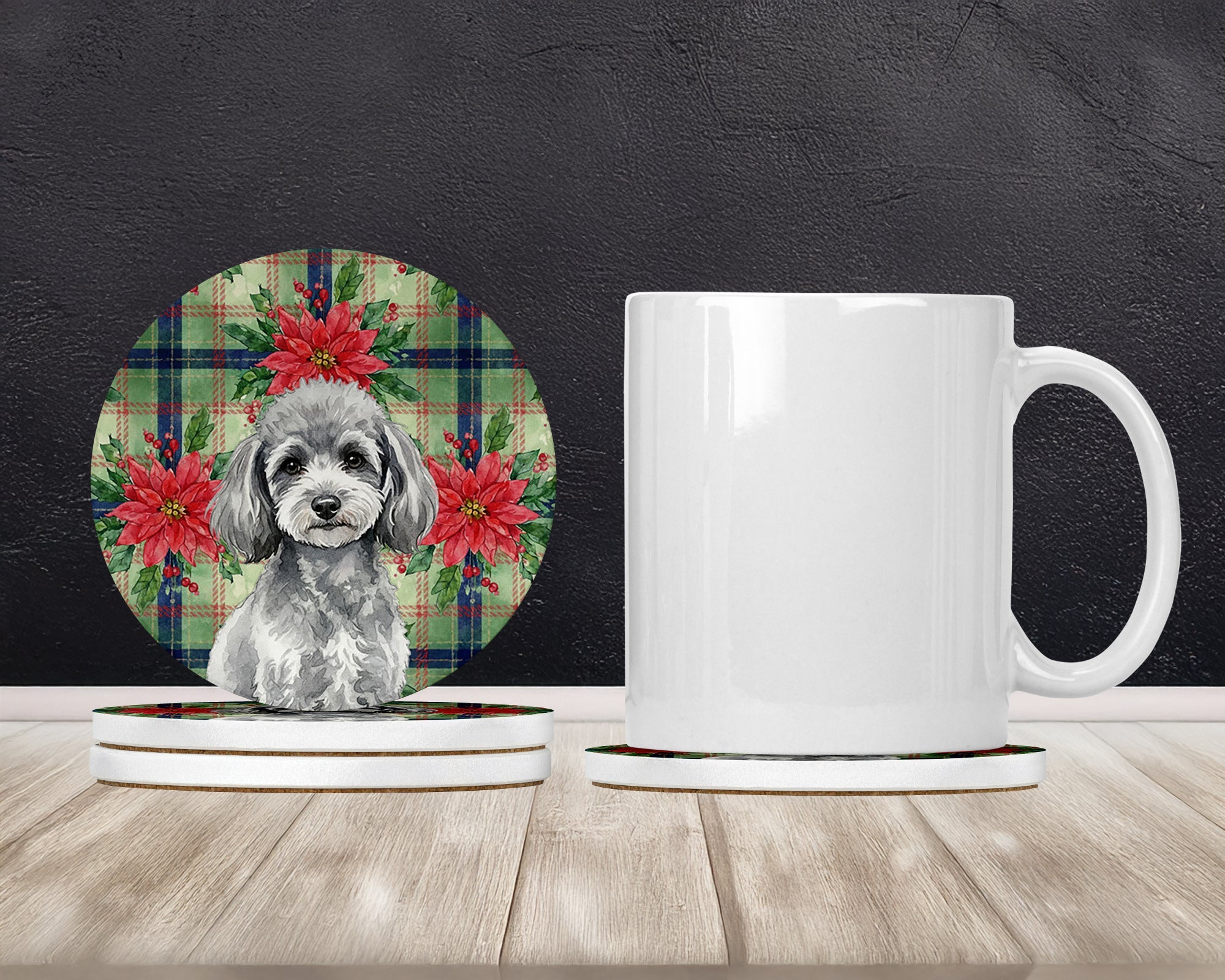 Toy Silver Poodle Christmas PoinsettIas Large Sandstone Coasters Pack of 4 Absorbent Round Coasters Decor Gifts for Men or Women, 4 in, Multicolor