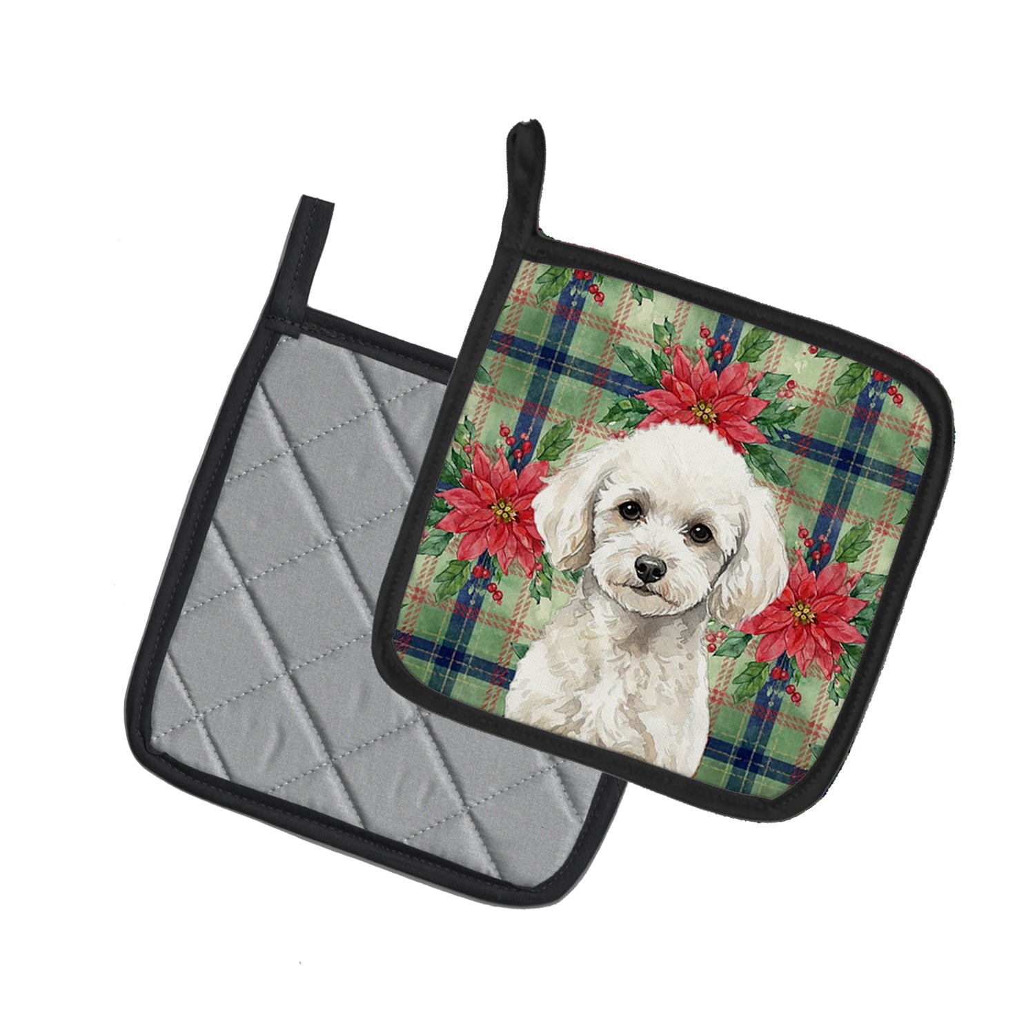 Toy White Poodle Christmas PoinsettIas Pot Holder Set of 2 Heat Resistant Quilted Hot Pads 7.5 x 7.5 Inch, Insulated Kitchen Trivets for Cooking & Baking