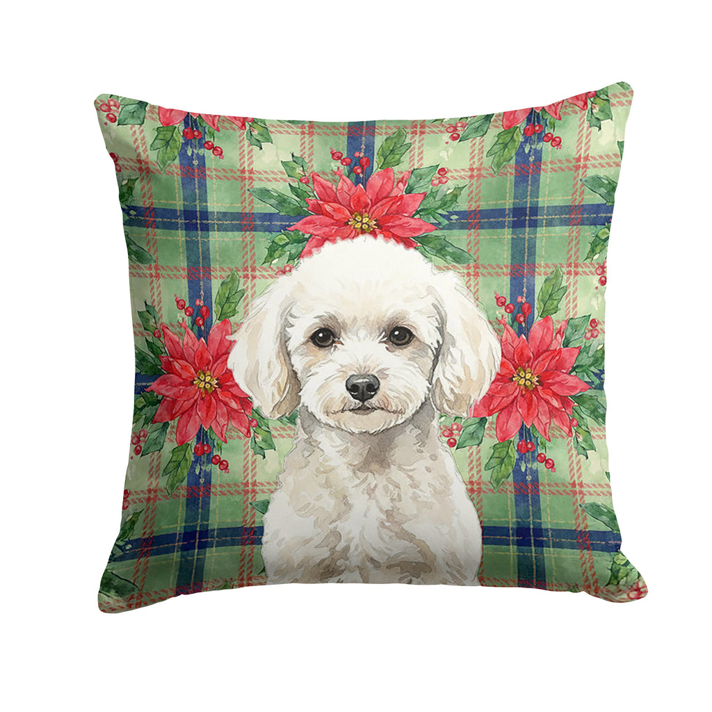 Toy White Poodle Christmas PoinsettIas Decorative Throw Pillow 18x18 Indoor Outdoor Accent Cushion, Fabric Cover with Insert for Sofa, Bed, Porch & Living Room