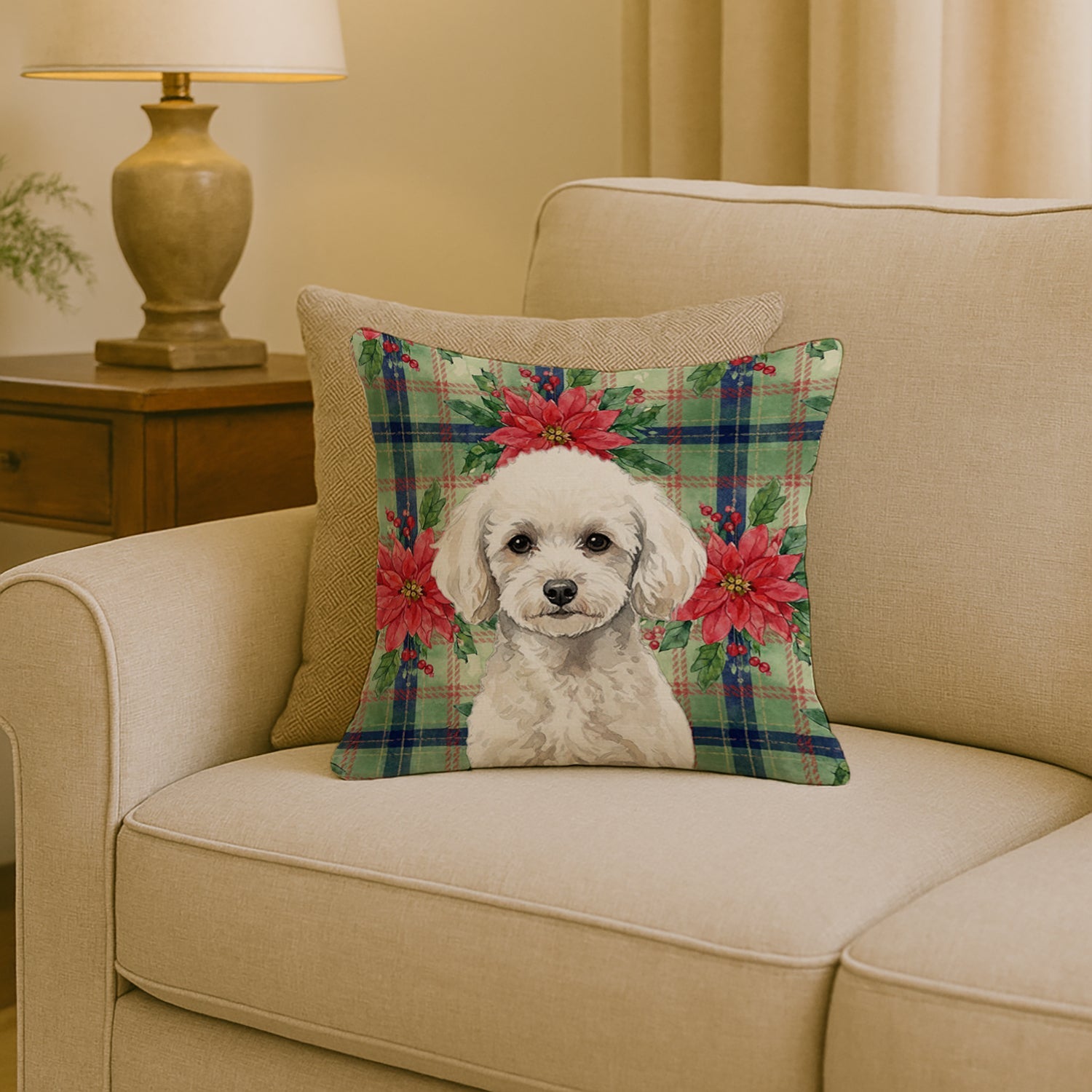 Toy White Poodle Christmas PoinsettIas Decorative Throw Pillow 18x18 Indoor Outdoor Accent Cushion, Fabric Cover with Insert for Sofa, Bed, Porch & Living Room