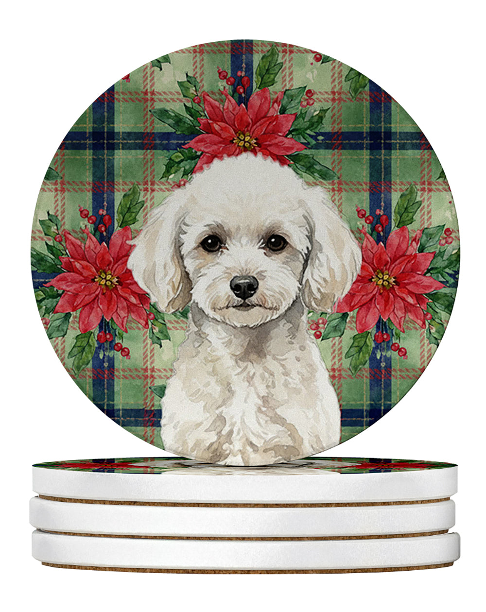 Toy White Poodle Christmas PoinsettIas Large Sandstone Coasters Pack of 4 Absorbent Round Coasters Decor Gifts for Men or Women, 4 in, Multicolor