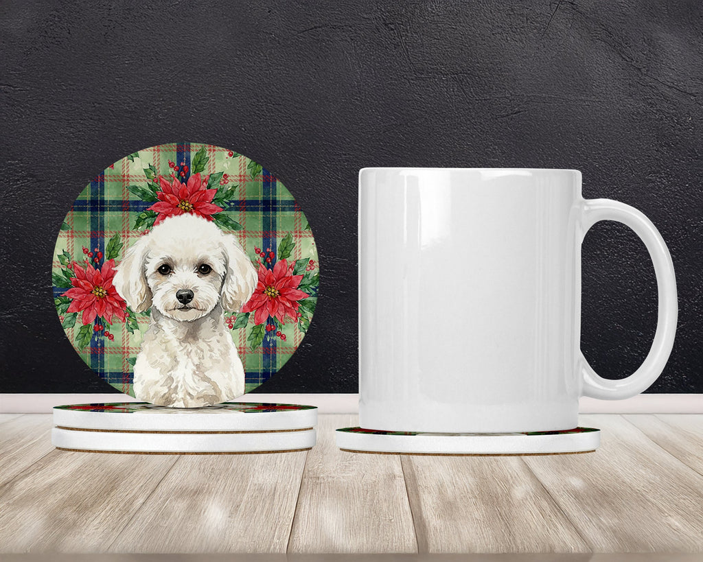 Toy White Poodle Christmas PoinsettIas Large Sandstone Coasters Pack of 4 Absorbent Round Coasters Decor Gifts for Men or Women, 4 in, Multicolor