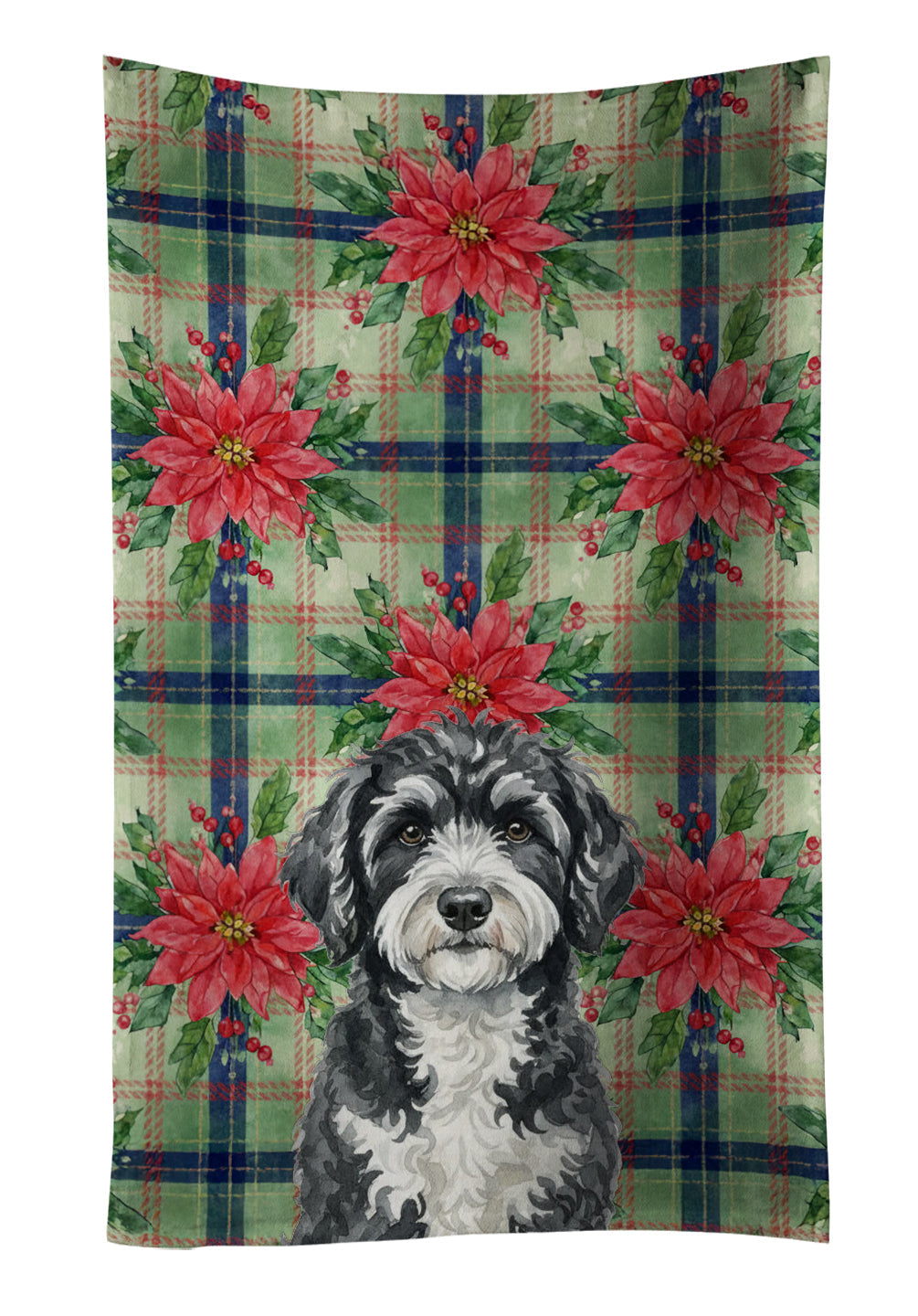 Portuguese Water Dog Christmas PoinsettIas Kitchen Towel Velour Plush Front and Cotton Loop Back Machine Washable