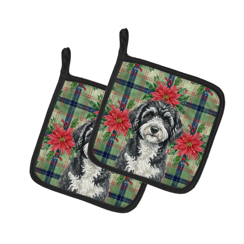 Portuguese Water Dog Christmas PoinsettIas Pot Holder Set of 2 Heat Resistant Quilted Hot Pads 7.5 x 7.5 Inch, Insulated Kitchen Trivets for Cooking & Baking