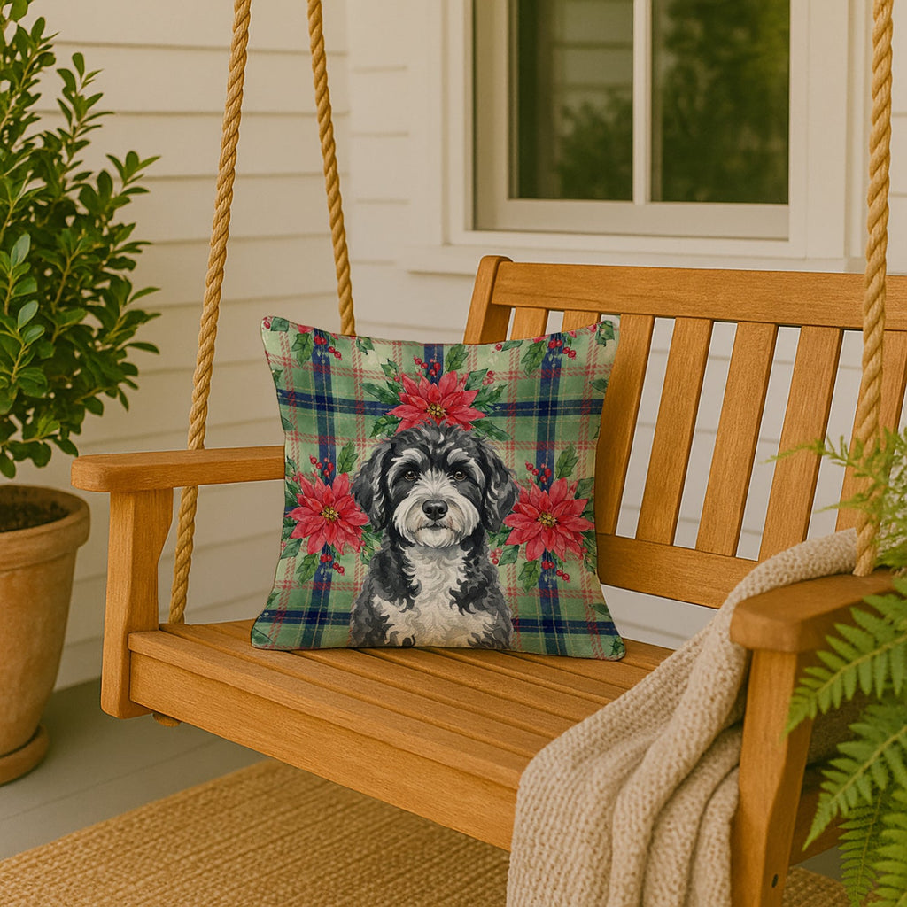 Portuguese Water Dog Christmas PoinsettIas Decorative Throw Pillow 18x18 Indoor Outdoor Accent Cushion, Fabric Cover with Insert for Sofa, Bed, Porch & Living Room