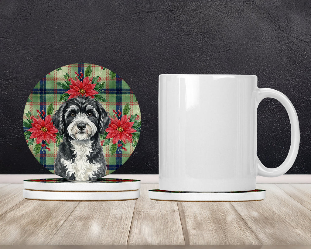 Portuguese Water Dog Christmas PoinsettIas Large Sandstone Coasters Pack of 4 Absorbent Round Coasters Decor Gifts for Men or Women, 4 in, Multicolor