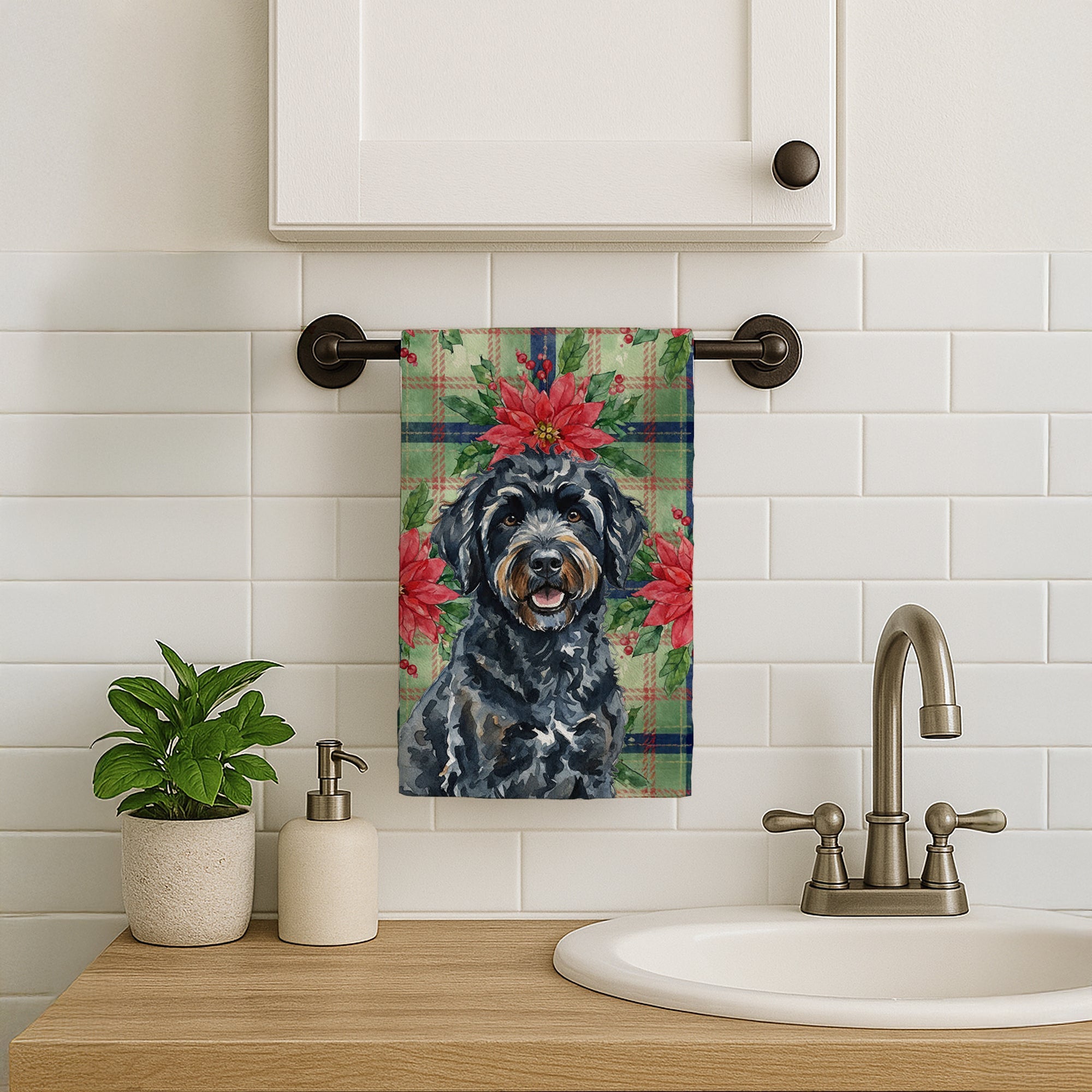 Black Portuguese Water Dog Christmas PoinsettIas Kitchen Towel Velour Plush Front and Cotton Loop Back Machine Washable