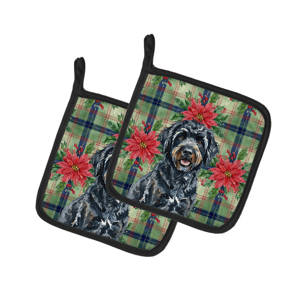 Black Portuguese Water Dog Christmas PoinsettIas Pot Holder Set of 2 Heat Resistant Quilted Hot Pads 7.5 x 7.5 Inch, Insulated Kitchen Trivets for Cooking & Baking