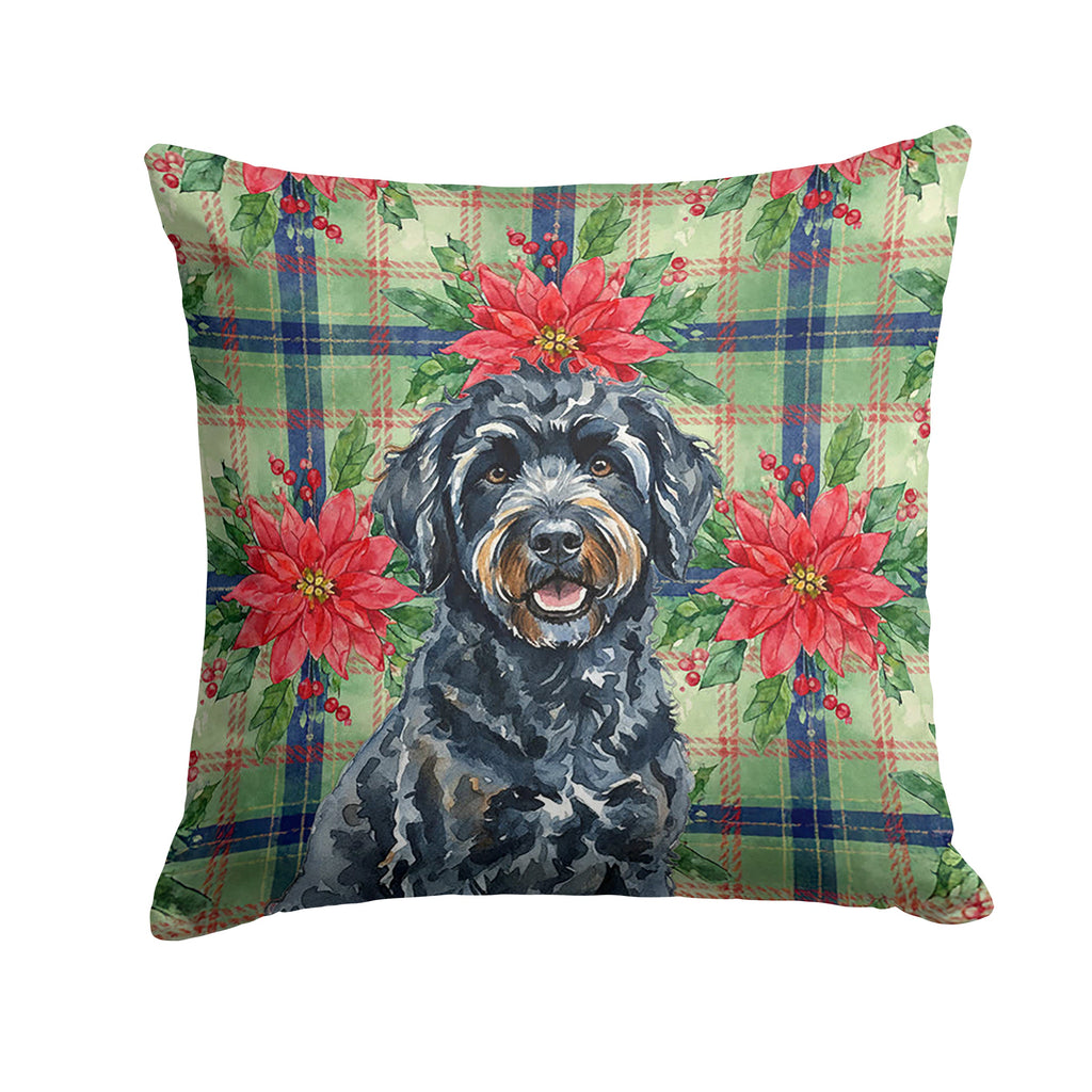 Black Portuguese Water Dog Christmas PoinsettIas Decorative Throw Pillow 14x14 Indoor Outdoor Accent Cushion, Fabric Cover with Insert for Sofa, Bed, Porch & Living Room