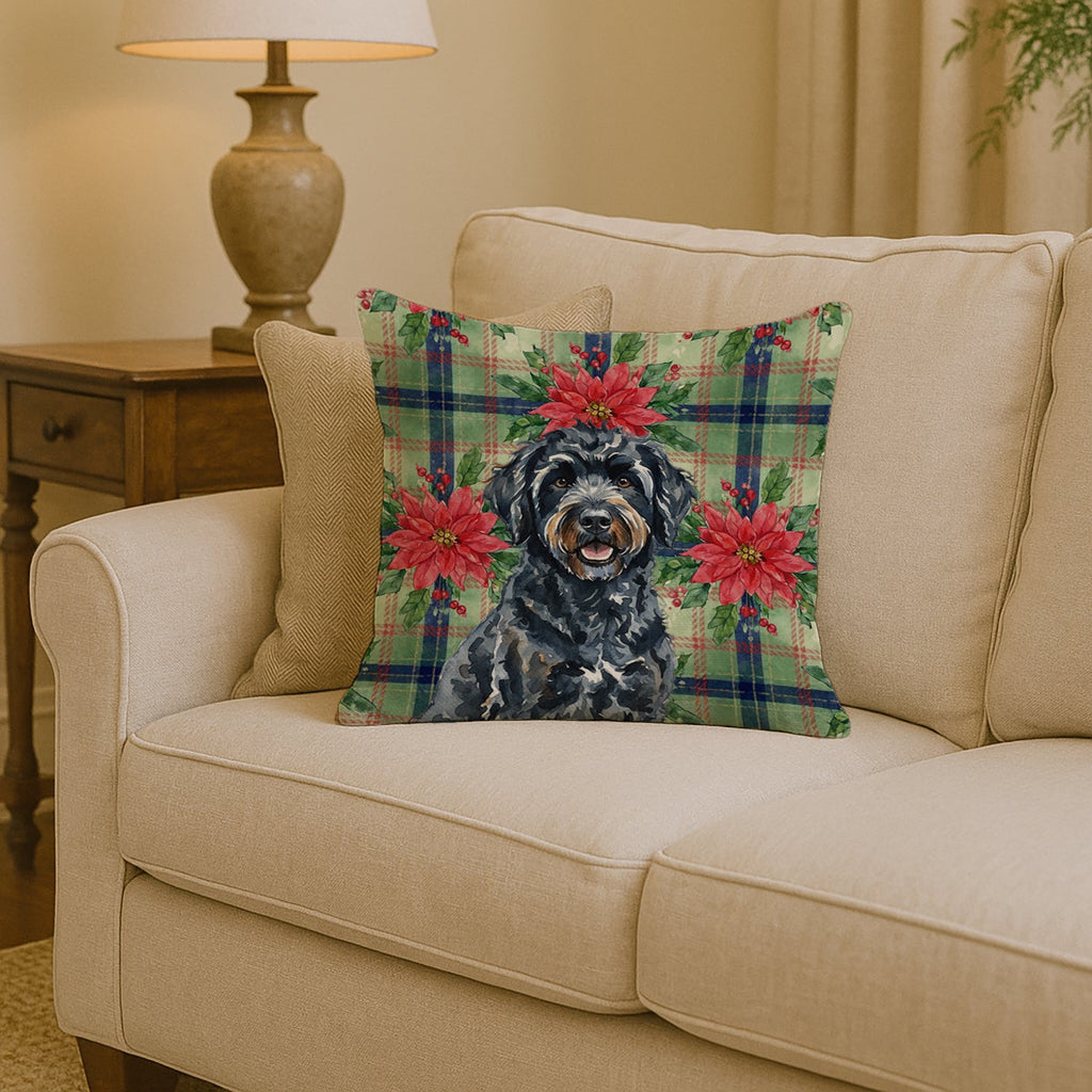 Black Portuguese Water Dog Christmas PoinsettIas Decorative Throw Pillow 14x14 Indoor Outdoor Accent Cushion, Fabric Cover with Insert for Sofa, Bed, Porch & Living Room