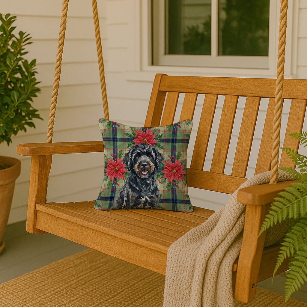 Black Portuguese Water Dog Christmas PoinsettIas Decorative Throw Pillow 14x14 Indoor Outdoor Accent Cushion, Fabric Cover with Insert for Sofa, Bed, Porch & Living Room