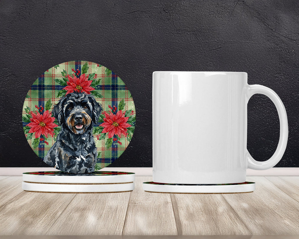 Black Portuguese Water Dog Christmas PoinsettIas Large Sandstone Coasters Pack of 4 Absorbent Round Coasters Decor Gifts for Men or Women, 4 in, Multicolor