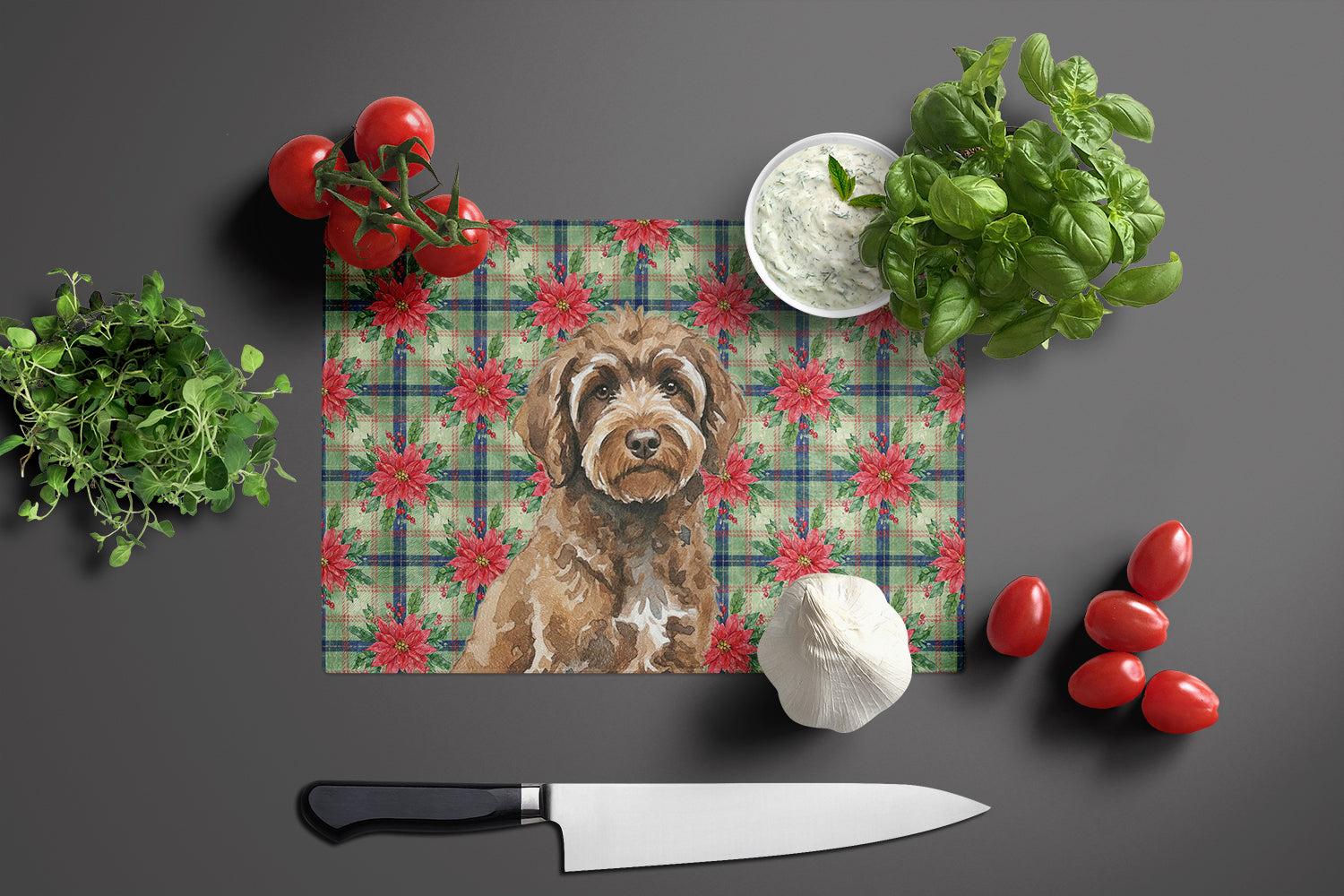 Brown Portuguese Water Dog Christmas PoinsettIas Cutting Board Tempered Glass Kitchen Cutting Surface, Heat Resistant Chopping, Non-Slip Feet, Food Prep & Serving