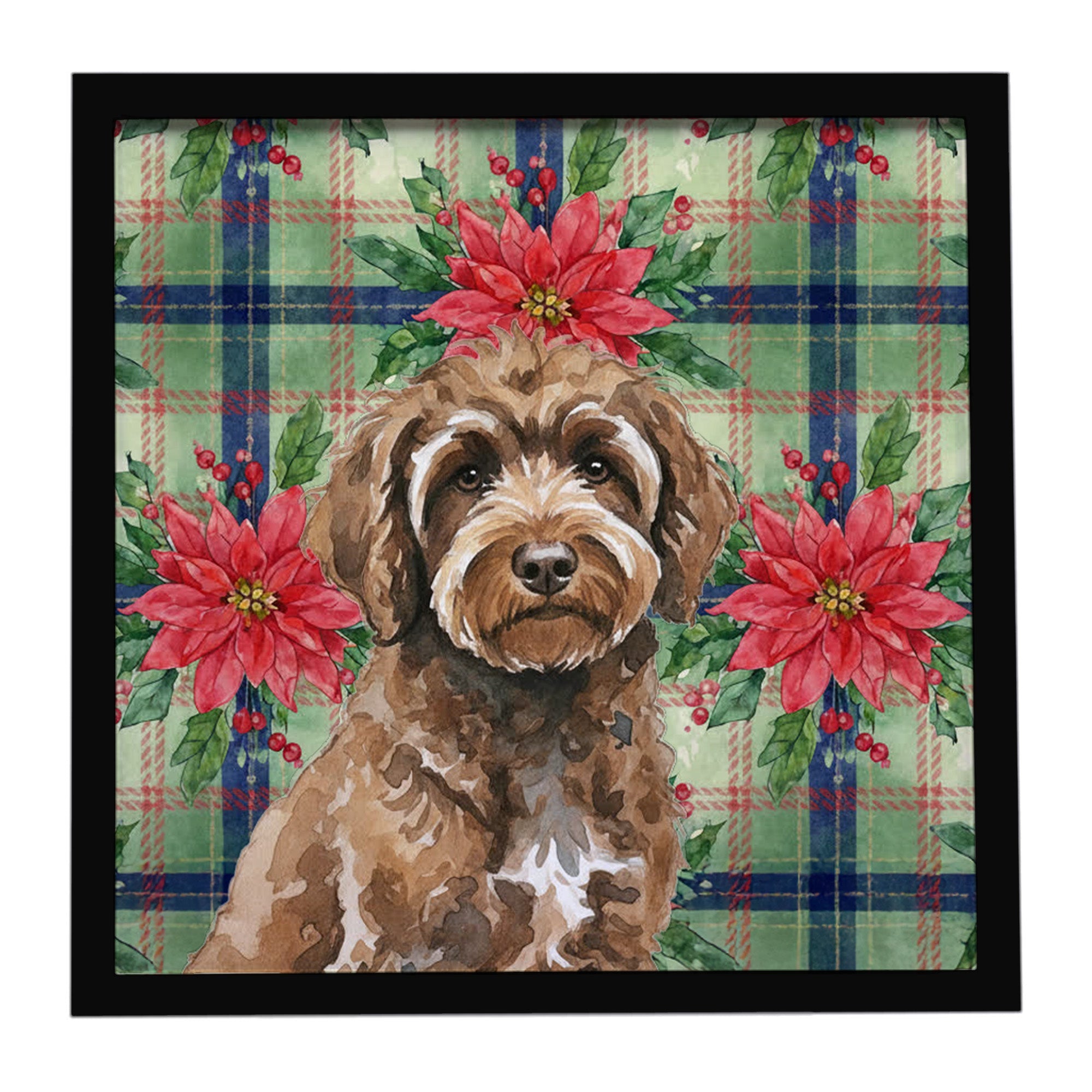 Brown Portuguese Water Dog Christmas PoinsettIas Framed Metal Print Bathroom, Kitchen, Office, Home Decor Wall Art Ready to Hang, Square, 8X8