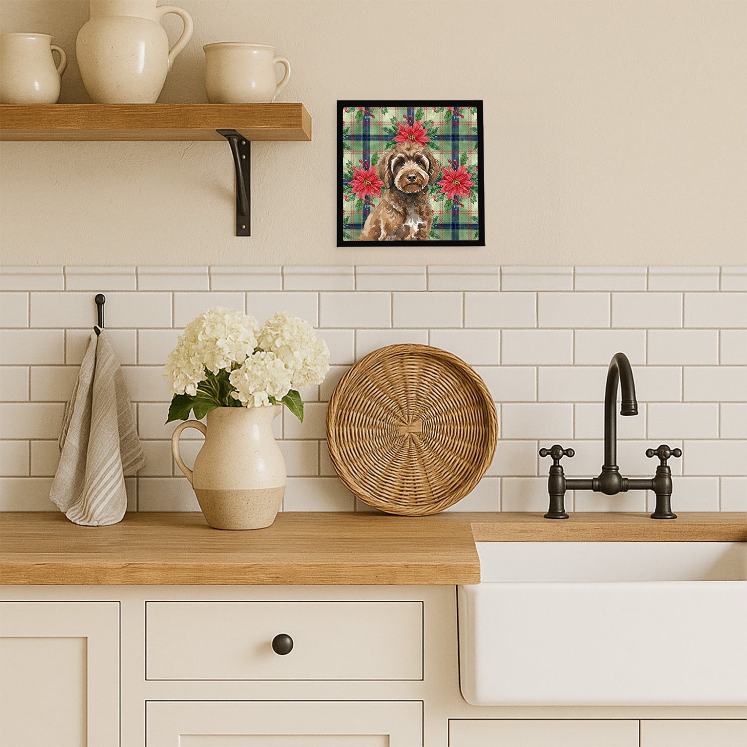 Brown Portuguese Water Dog Christmas PoinsettIas Framed Metal Print Bathroom, Kitchen, Office, Home Decor Wall Art Ready to Hang, Square, 8X8