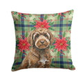 Brown Portuguese Water Dog Christmas PoinsettIas Decorative Throw Pillow 14x14 Indoor Outdoor Accent Cushion, Fabric Cover with Insert for Sofa, Bed, Porch & Living Room