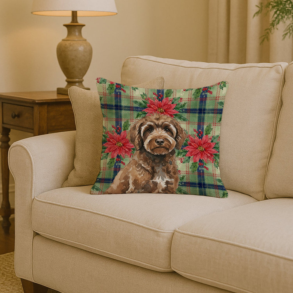 Brown Portuguese Water Dog Christmas PoinsettIas Decorative Throw Pillow 14x14 Indoor Outdoor Accent Cushion, Fabric Cover with Insert for Sofa, Bed, Porch & Living Room