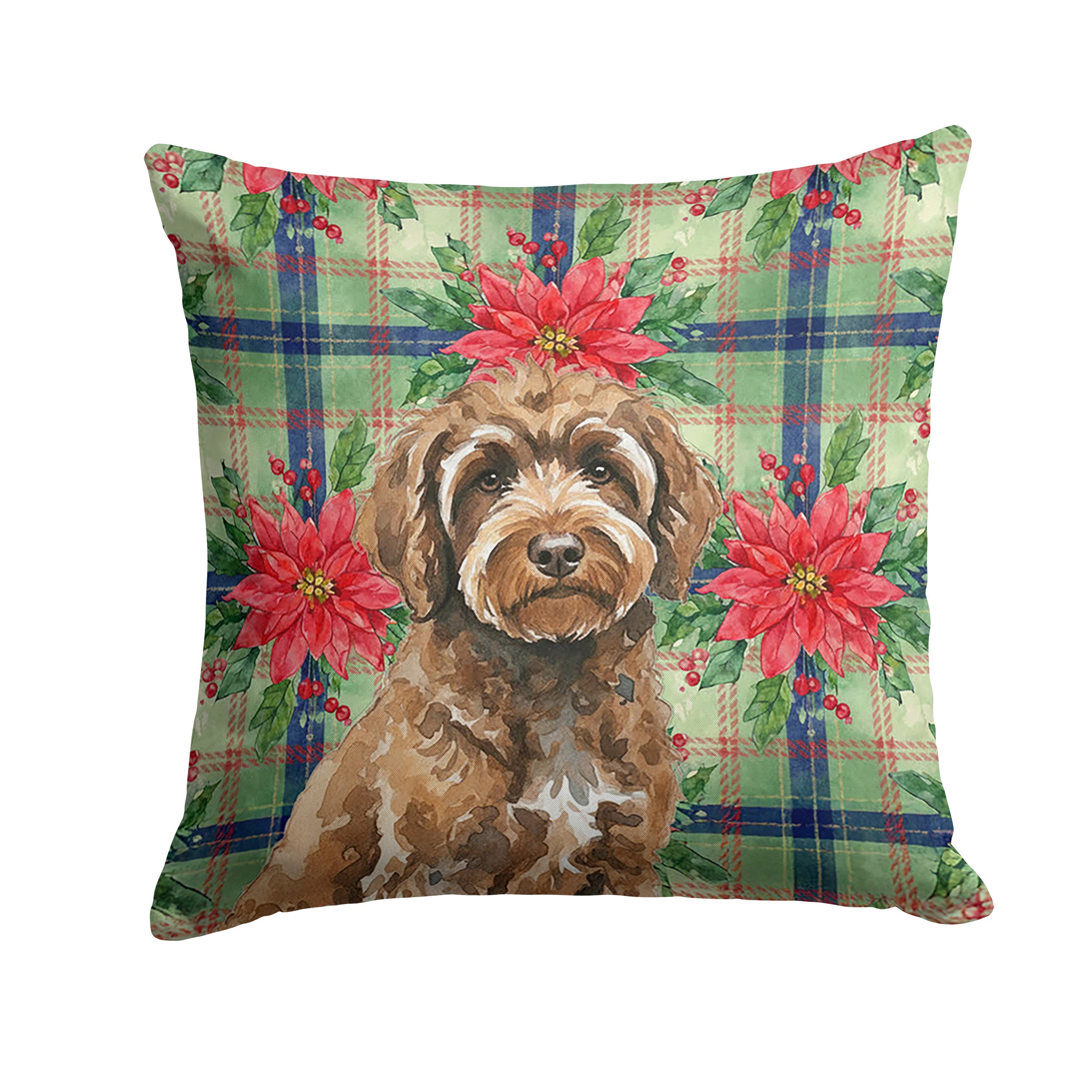 Brown Portuguese Water Dog Christmas PoinsettIas Decorative Throw Pillow 18x18 Indoor Outdoor Accent Cushion, Fabric Cover with Insert for Sofa, Bed, Porch & Living Room