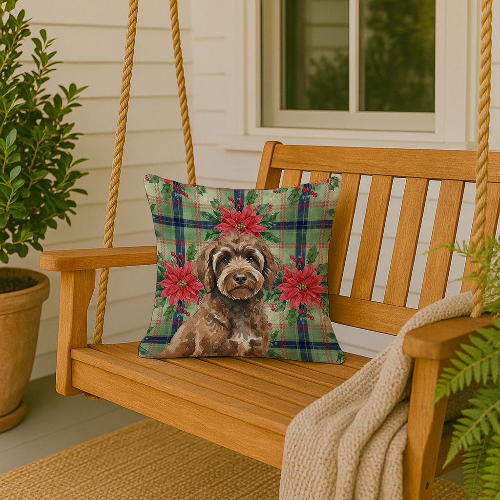 Brown Portuguese Water Dog Christmas PoinsettIas Decorative Throw Pillow 18x18 Indoor Outdoor Accent Cushion, Fabric Cover with Insert for Sofa, Bed, Porch & Living Room
