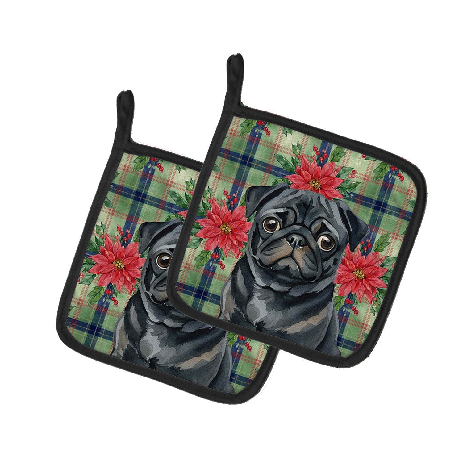 Black Pug Christmas PoinsettIas Pot Holder Set of 2 Heat Resistant Quilted Hot Pads 7.5 x 7.5 Inch, Insulated Kitchen Trivets for Cooking & Baking