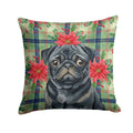 Black Pug Christmas PoinsettIas Decorative Throw Pillow 18x18 Indoor Outdoor Accent Cushion, Fabric Cover with Insert for Sofa, Bed, Porch & Living Room