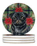 Black Pug Christmas PoinsettIas Large Sandstone Coasters Pack of 4 Absorbent Round Coasters Decor Gifts for Men or Women, 4 in, Multicolor