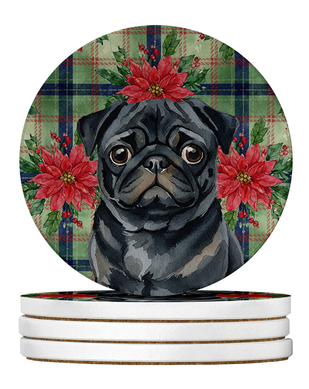 Black Pug Christmas PoinsettIas Large Sandstone Coasters Pack of 4 Absorbent Round Coasters Decor Gifts for Men or Women, 4 in, Multicolor