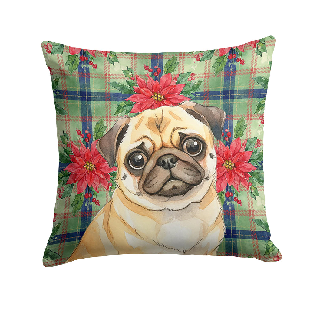 Fawn Pug Christmas PoinsettIas Decorative Throw Pillow 14x14 Indoor Outdoor Accent Cushion, Fabric Cover with Insert for Sofa, Bed, Porch & Living Room