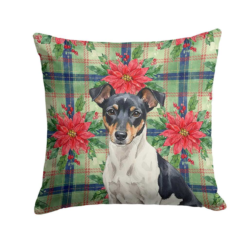 Black and White Rat Terrier Christmas PoinsettIas Decorative Throw Pillow 14x14 Indoor Outdoor Accent Cushion, Fabric Cover with Insert for Sofa, Bed, Porch & Living Room