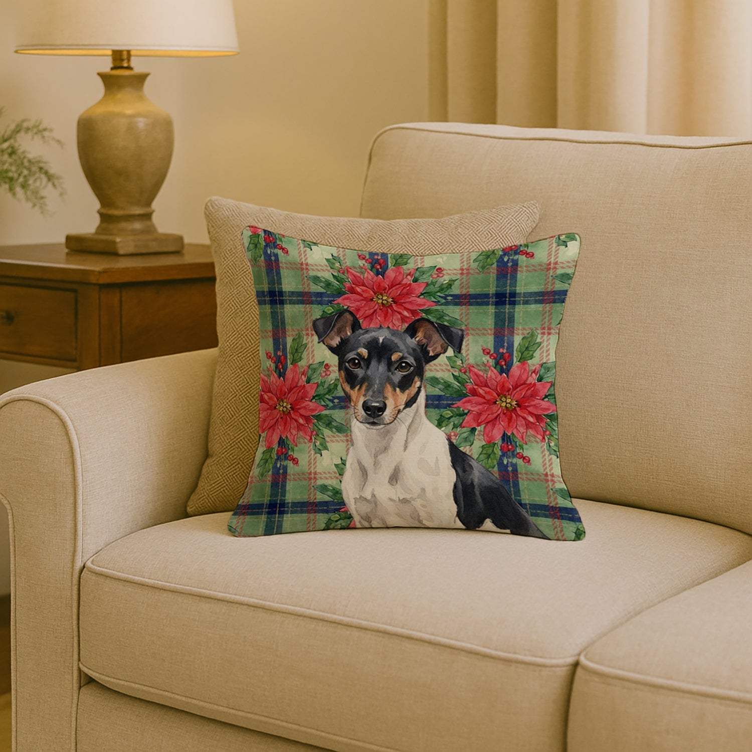 Black and White Rat Terrier Christmas PoinsettIas Decorative Throw Pillow 18x18 Indoor Outdoor Accent Cushion, Fabric Cover with Insert for Sofa, Bed, Porch & Living Room