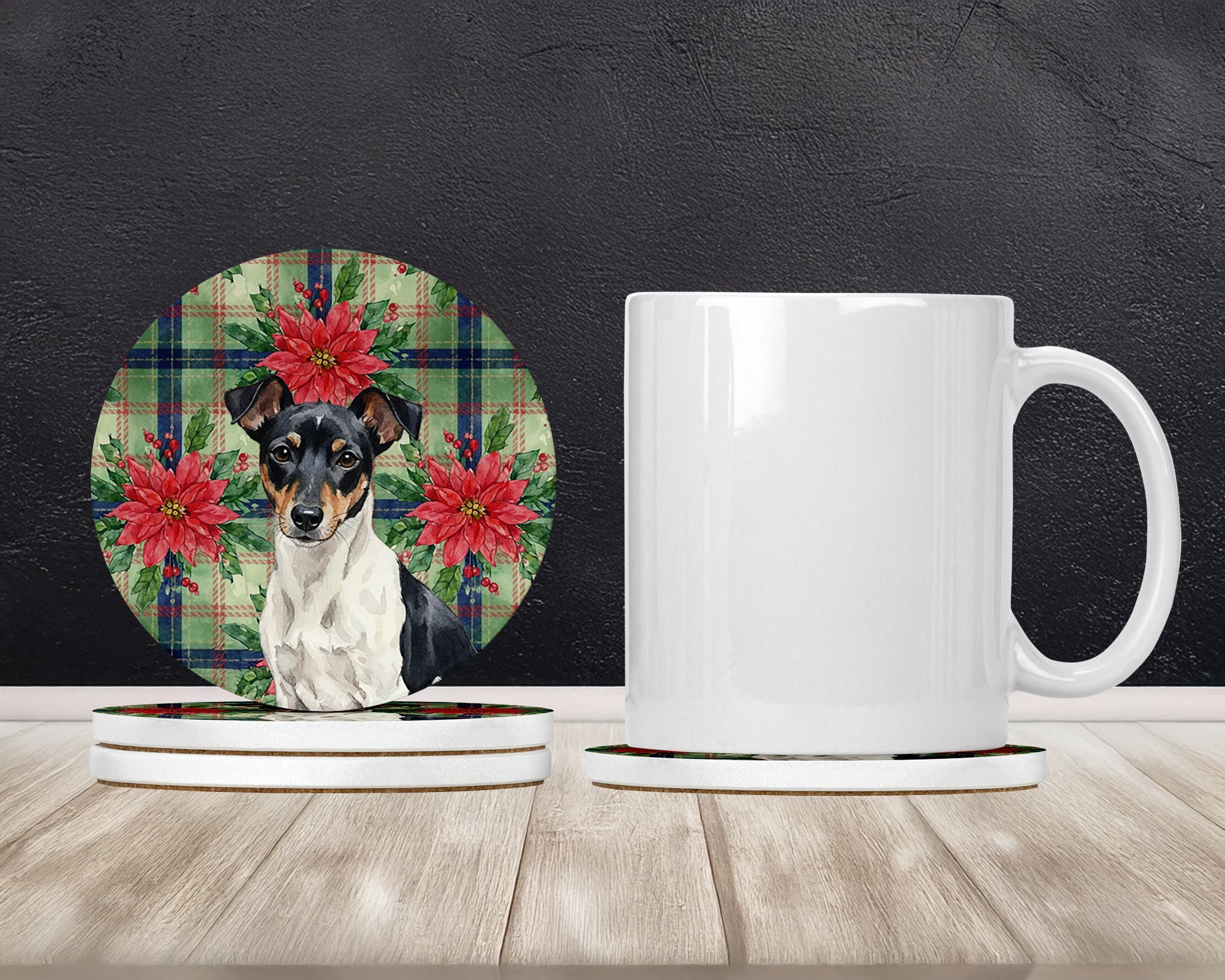 Black and White Rat Terrier Christmas PoinsettIas Large Sandstone Coasters Pack of 4 Absorbent Round Coasters Decor Gifts for Men or Women, 4 in, Multicolor