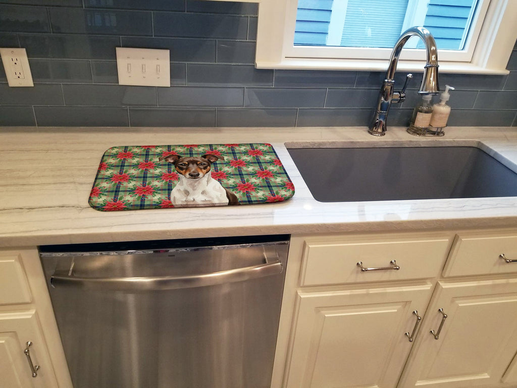 Chocolate and White Rat Terrier Christmas PoinsettIas Dish Drying Mat Absorbent Dish Drying Mat Pad for Kitchen Counter Dish Drainer Mat for Countertop, 14 x 21", Multicolor