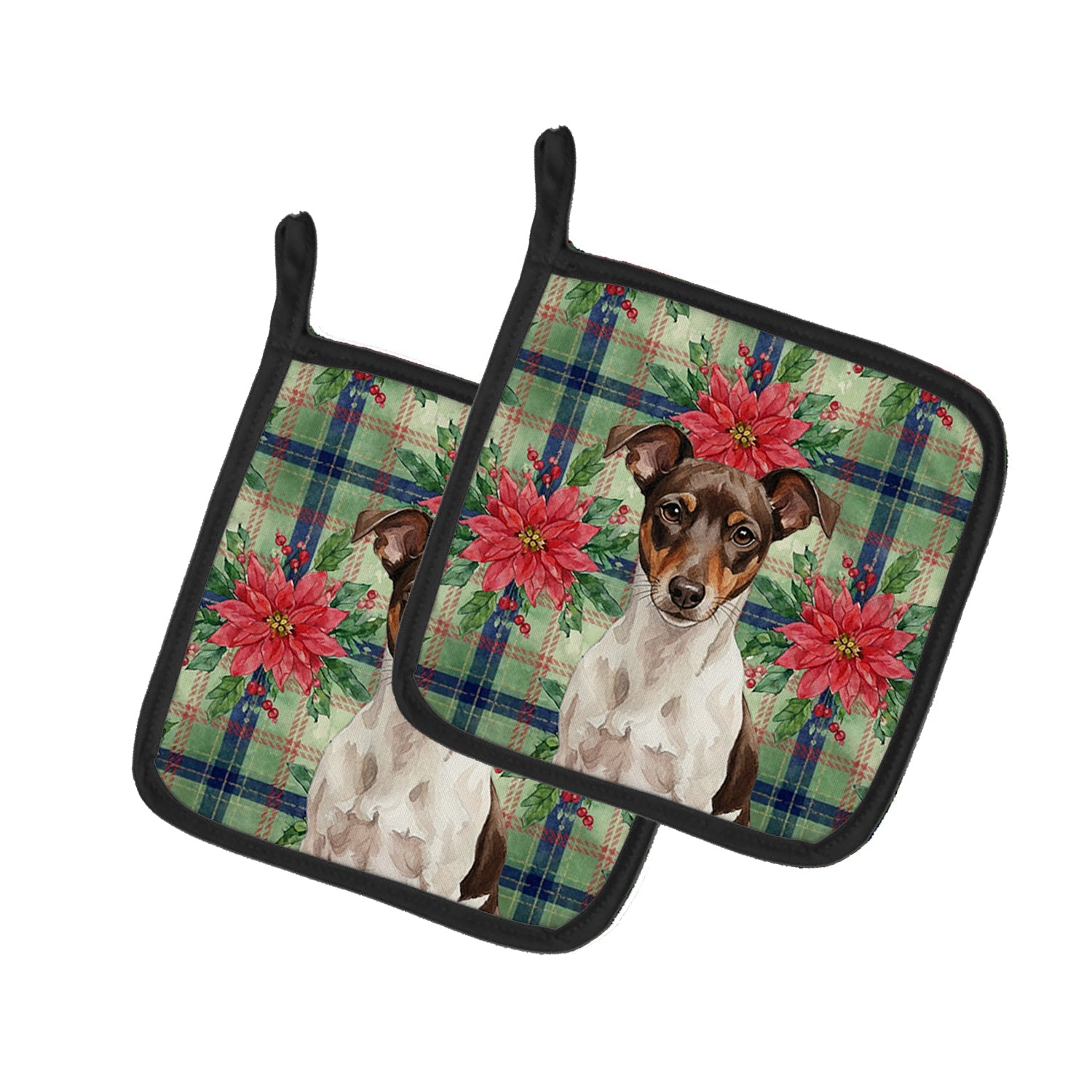 Chocolate and White Rat Terrier Christmas PoinsettIas Pot Holder Set of 2 Heat Resistant Quilted Hot Pads 7.5 x 7.5 Inch, Insulated Kitchen Trivets for Cooking & Baking