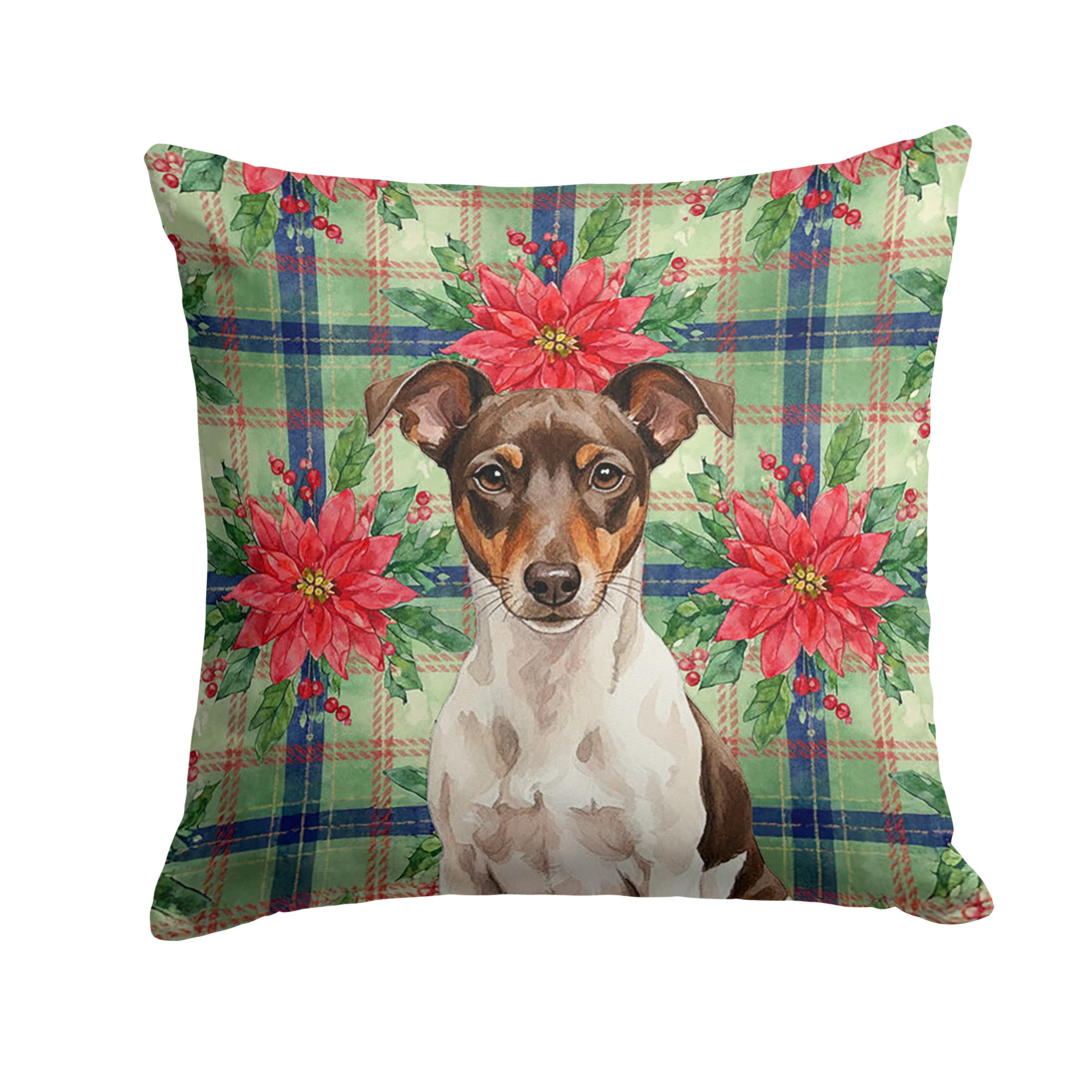 Chocolate and White Rat Terrier Christmas PoinsettIas Decorative Throw Pillow 14x14 Indoor Outdoor Accent Cushion, Fabric Cover with Insert for Sofa, Bed, Porch & Living Room