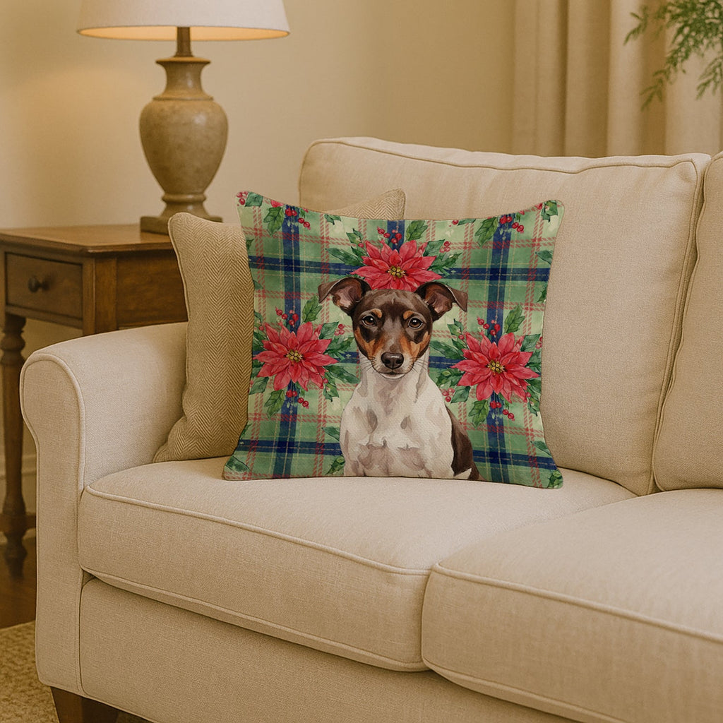 Chocolate and White Rat Terrier Christmas PoinsettIas Decorative Throw Pillow 14x14 Indoor Outdoor Accent Cushion, Fabric Cover with Insert for Sofa, Bed, Porch & Living Room